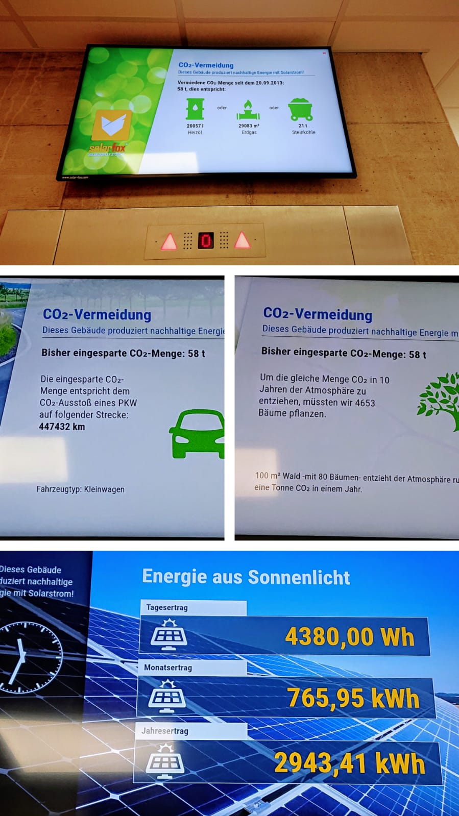 Man sieht verschiedene Bildschirmscreenshots mit Informationen zur Solarstromerzeugung.